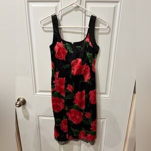 Black Red Rose Floral Bodycon Midi Dress – Dolce Inspired – No Tag